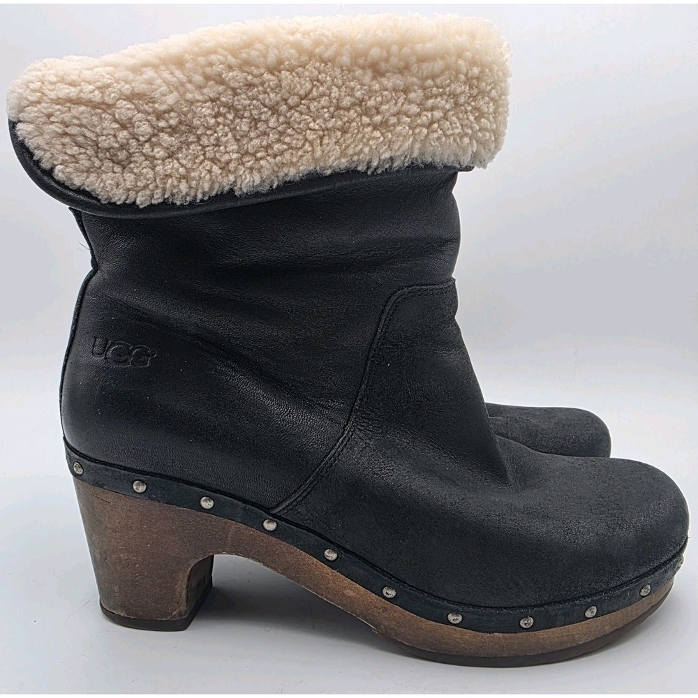 UGG Womens 8‎ MOUTON Boot Roll Top BLACK Leather Sheepskin Heels Boots 3207
